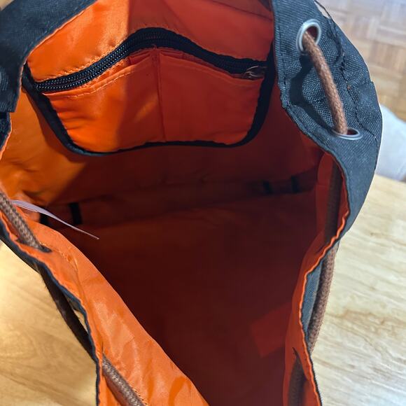 BENRUS Drawstring Backpack Black Brown Faux Leather Trim Vintage Military EUC - Picture 4 of 7